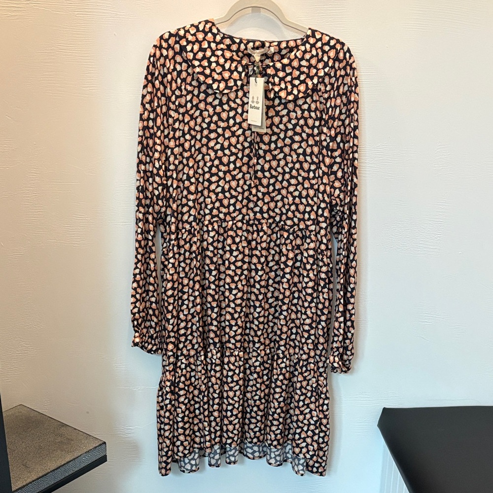 Barbour Navy Long-Sleeve  Tiered Dress with Orange/Cream Leopard Print